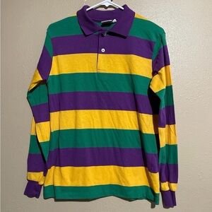 Vintage Single Stitch Mardi Gras Green Yellow Purple Long Sleeve Polo Shirt M